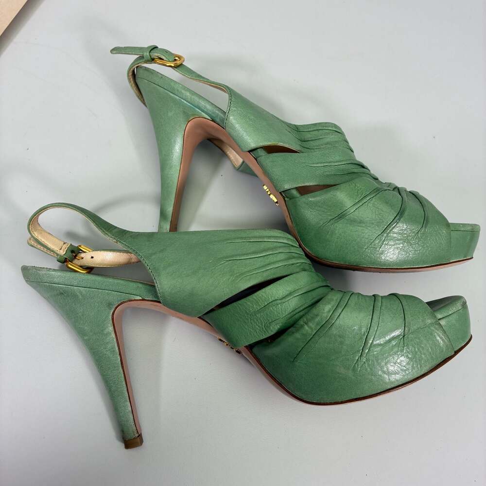 Prada Green Ruched Leather Platform Slingback Sandals Size 38 - Picture 13 of 13